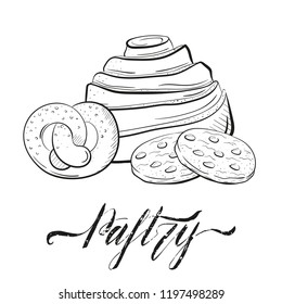 bakery roll, biscuits with chocolate, brezel vector illustration isolated on white background sketch style. sweet clipart for a restaurant or café menu. Line art