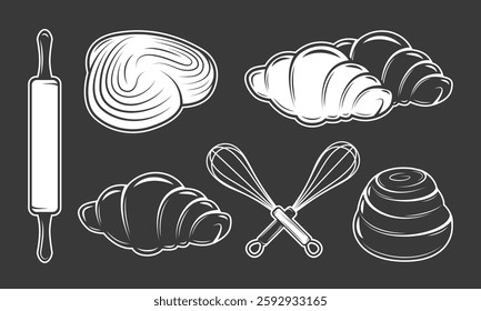 Bakery rolling pin icon isolated on black background. Vintage whisk for mixing eggs. Outline sweet buns and croissants. Hand drawn baking elements set. Vector illustration