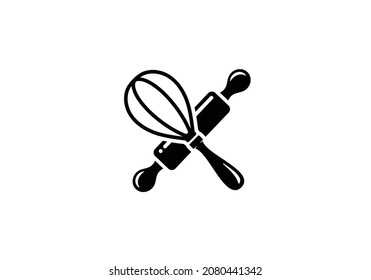 Bakery rolling pin and whisk simple flat icon vector illustration