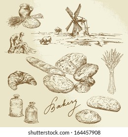 bakery, rural landscape, bread - hand drawn set