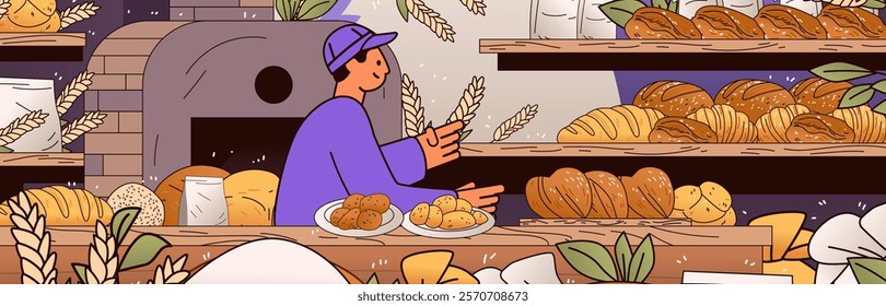 Bakery scene with baker and bread variety. Cozy bakery setting featuring a smiling baker surrounded by diverse bread loaves and pastries in a warm-toned environment