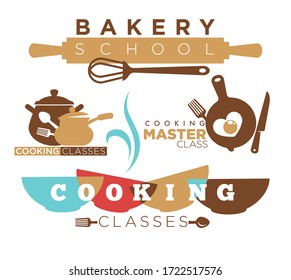 Logotipo de la escuela de panadería con rodillo y whisky. Clase magistral de cocina con sartén y sartén con huevo, tenedor y cuchillo, símbolos intestinales sobre blanco. Logotipo de marca de clase culinaria con vectores de juego de símbolos de plato