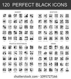 Bakery, seafood, fruits and vegetables, drinks black mini concept icons symbols. Modern vector icon pictogram set.