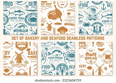 Bakery and seafood seamless pattern or background. Vector illustration. Seamless bakery pattern with with rolling pin, windmill, wheat ears, tuna, trout, shrimp, octopus, crab, mussels and clams