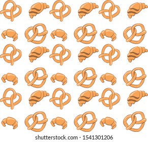 Bakery seamless background. Pattern, brezel, croissant, buns. Vector.