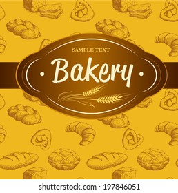 Bakery. seamless background pattern with loaf, baguette, baked goods, croissant, bagel. labels