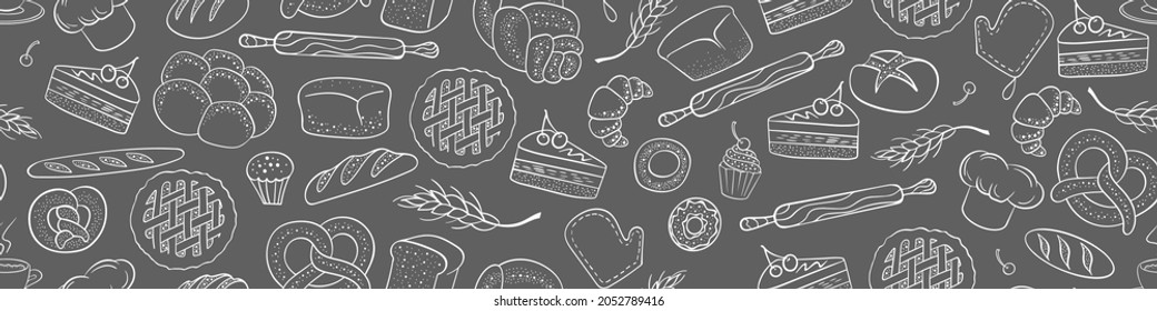 Bakery seamless horizontal border. Hand drawn pastry doodles. Cafe and restaurant background. vector illustration.