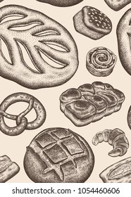 Bakery. Seamless kitchen pattern. Vintage engraving style. Vector illustration of food design for textiles, paper, wrapping, packaging, fabric, tissue. Hand drawing.