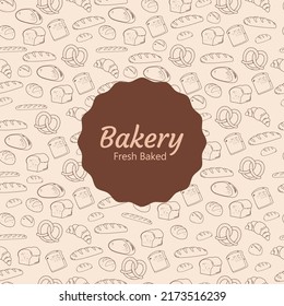 Bakery seamless pattern and background design with bread and pastry in brown color. Line icon and doodle style.