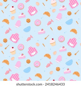 Bakery seamless pattern. Baking utensils and dessert on a blue background. Hand-drawn and cartoon style.