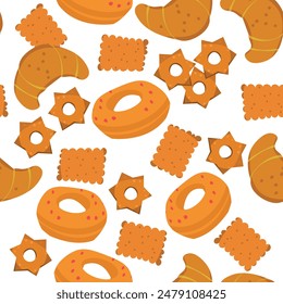 Bakery seamless pattern with biscuits, donut, croissant. Vector background suitable for party, packaging and other.