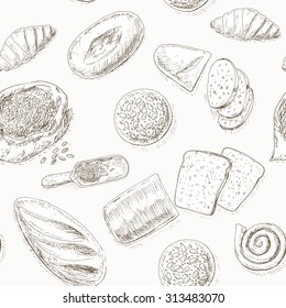 Bakery seamless pattern. Bread background. Vintage hand drawn health food vector.
