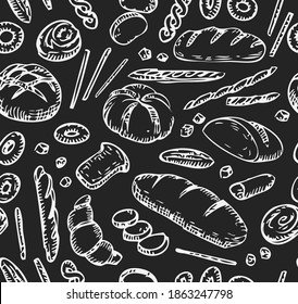 Bakery seamless pattern. Bread, bagel, bun, baguette, croissant, 