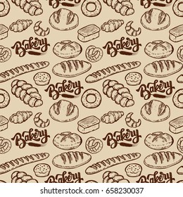 Bakery. Seamless pattern with bread, bun, bagel, croissant. Design element for poster, wrapping paper. Vector illustration