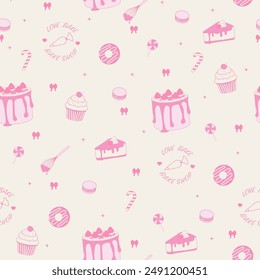 Bakery seamless pattern. Cake, cupcake, doughnut, candy, and baking utensils with pink color on a cream background.