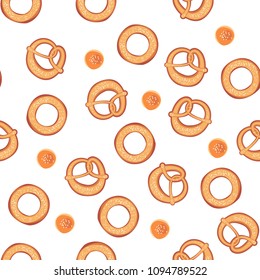 Bakery seamless pattern with cartoon bun and pretzel for wrapping paper. Vector illustration eps 10