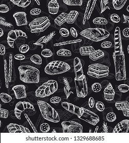 Bakery seamless pattern. Chalk drawing print. Pastry blackboard. Bread and bakes.