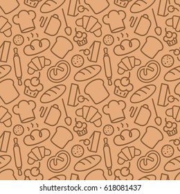 Bakery seamless pattern consisting of baking accessories and food line style for use decoration identity coffee shop, loaf store, food market, cafe, bread house, cupcake firm. Vector Illustration