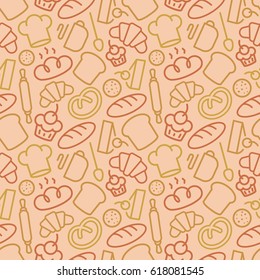 Bakery seamless pattern consisting of baking accessories and food line style different color for use decoration identity loaf store, coffee shop, food market, cafe etc. Vector Illustration