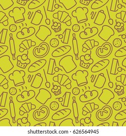 Bakery seamless pattern consisting of baking accessories and food brown color line style for use decoration coffee shop, loaf store, food market, cafe, bread house, cupcake firm. Vector Illustration