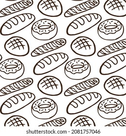 Bakery seamless pattern consisting of bread and donuts food brown color line style for use decoration coffee shop, loaf store, food market, cafe, bread house, cupcake firm. Vector Illustration