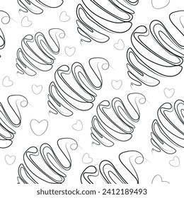 bakery seamless pattern of croissants of different sizes drawn in one line on a white background, for packaging or textile, vector