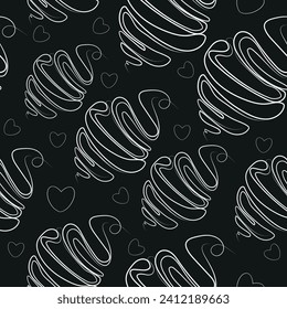 bakery seamless pattern of croissants of different sizes drawn in one line on a black background, for packaging or textile, vector