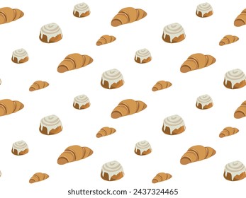 bakery seamless pattern of croissants and doughnut. Bakery shop backdrop wallpaper, cartoon background, print, wrapping paper, package design, card, banner.