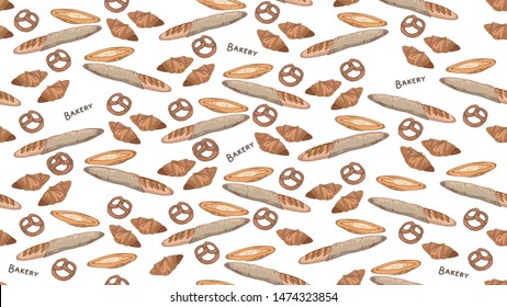 Bakery seamless pattern, delicious bread, crisp baguette, croissant, bagel, ciabatta. Pattern, texture for wrapping paper, advertising banner.