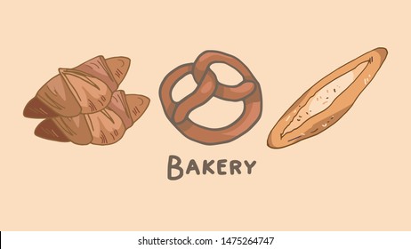 Bakery seamless pattern, delicious bread, crisp baguette, croissant, bagel, ciabatta. Pattern, texture for wrapping paper, advertising banner.