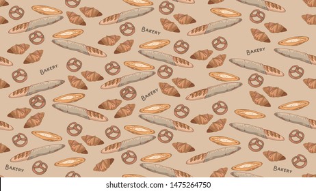 Bakery seamless pattern, delicious bread, crisp baguette, croissant, bagel, ciabatta. Pattern, texture for wrapping paper, advertising banner.
