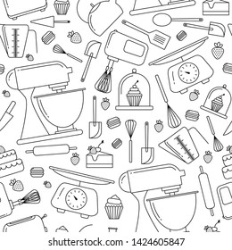 Bakery seamless  pattern of elements for bakery packaging in trendy linear style. related to cafe, cupcake shop