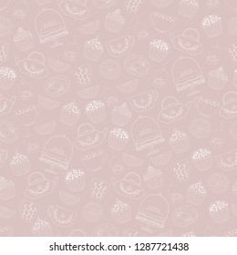 Bakery seamless pattern, food vector background of black and white color.Hand drawn cute sweets, cakes, cookies, teacup , teapot . Business cards, postcards,  invitations , wrapping paper