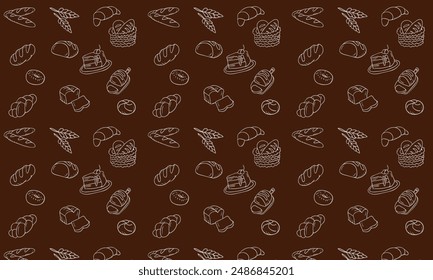 Bakery seamless pattern, food vector background of black white color. Confectionery products thin line icons - cake, croissant, muffin, pastry, cupcake, pie. Cute repeated illustration for sweet shop.