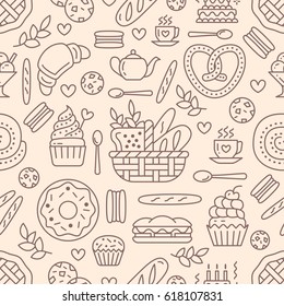 Bakery seamless pattern, food vector background of beige color. Confectionery products thin line icons - cake, croissant, muffin, pastry, cupcake, pie. Cute repeated illustration for sweet shop.