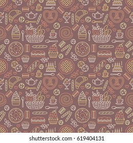 Bakery seamless pattern, food vector background of brown, yellow color. Confectionery products thin line icons - cake, croissant, muffin, pastry, cupcake pie. Cute repeated illustration for sweet shop