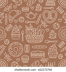 Bakery seamless pattern, food vector background of brown, white color. Confectionery products thin line icons - cake, croissant muffin, pastry, cupcake, pie. Cute repeated illustration for sweet shop
