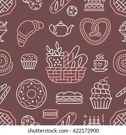 Bakery seamless pattern, food vector background of brown pastel color. Confectionery product thin line icons - cake, croissant, muffin, pastry, cupcake, pie. Cute repeated illustration for sweet shop