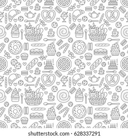 Bakery seamless pattern, food vector background of black white color. Confectionery products thin line icons - cake, croissant, muffin, pastry, cupcake, pie. Cute repeated illustration for sweet shop.