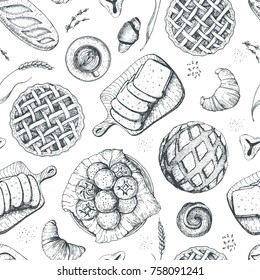 Bakery seamless pattern. Food vector illustration. Vintage background with bread, toast, pie, buns and croissant. Engraved style.