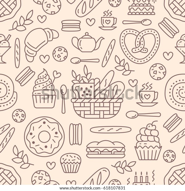 ベージュ色の食べ物のベクター画像の背景にベーカリーのシームレスなパターン 菓子製品の細い線のアイコン ケーキ クロワッサン マフィン ペストリー カップケーキ パイ お菓子屋さんにはかわいいリピートイラスト のベクター画像素材 ロイヤリティフリー