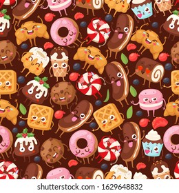 Bakery seamless pattern with funny cartoon characters vector illustration. Wrapping paper for desserts, sweet food mascot. Ice cream, croissant, donut, cake and cookie. Bakeshop pastry products cafe