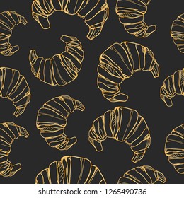Bakery seamless pattern. Gold cakes and Croissants seamless pattern. Hand drawn illustration. Cupcakes vector.