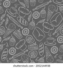 Bakery seamless pattern. Hand drawn pastry doodles. Cafe and restaurant background. vector illustration.