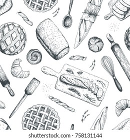 Bakery seamless pattern. Hand drawn food vector illustration. Vintage background with bread, toast, pie, buns aand croissant. Engraved style.