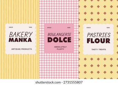 Bakery seamless pattern and label design set for artisan bread and pastry packaging