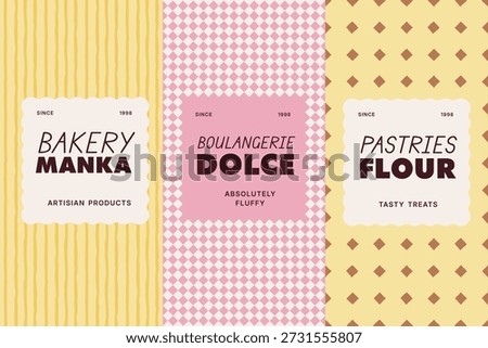 Bakery seamless pattern and label design set for artisan bread and pastry packaging