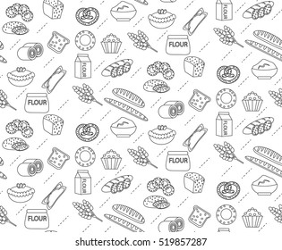 Bakery Seamless Pattern. Line, Outline, Doodle Style. Bread And Buns Texture. Flour Products Endless Background. Bread And Pastry Backdrop. Vector Illustration