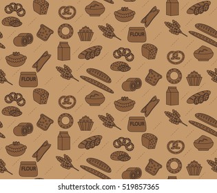 Bakery seamless pattern. Line, outline, doodle style. Bread and buns texture. Flour products endless background. bread and pastry backdrop. Vector illustration