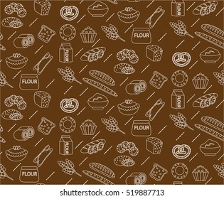 Bakery seamless pattern. Line, outline, doodle style. Bread and buns texture. Flour products endless background. bread and pastry backdrop. Vector illustration